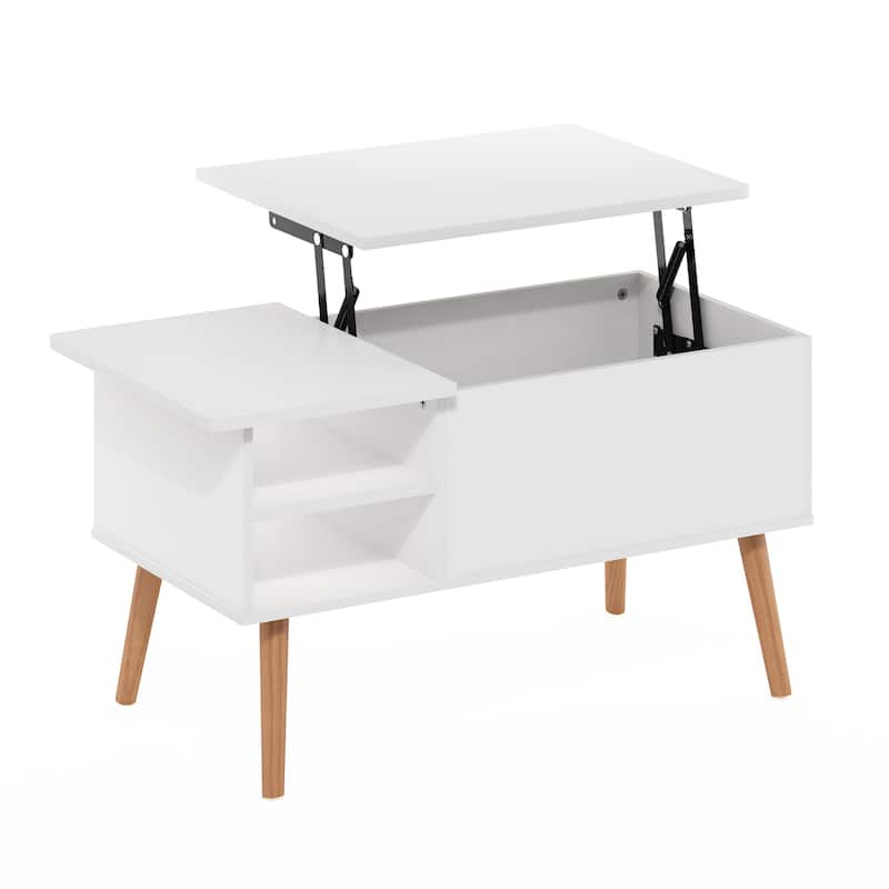 Furinno Jensen Wooden Leg Lift Top Coffee Table With Hidden Compartment and Side Open Storage Shelf for Living Room, Solid White - Solid White
