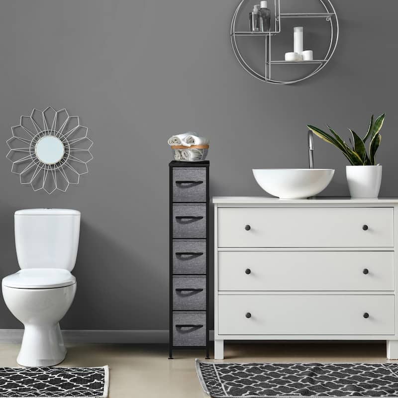 Sorbus Narrow Dresser with 5 Drawers - Vertical Slim Storage Chest of Drawers with Steel Frame, Wood Top & Easy Pull Fabric Bins