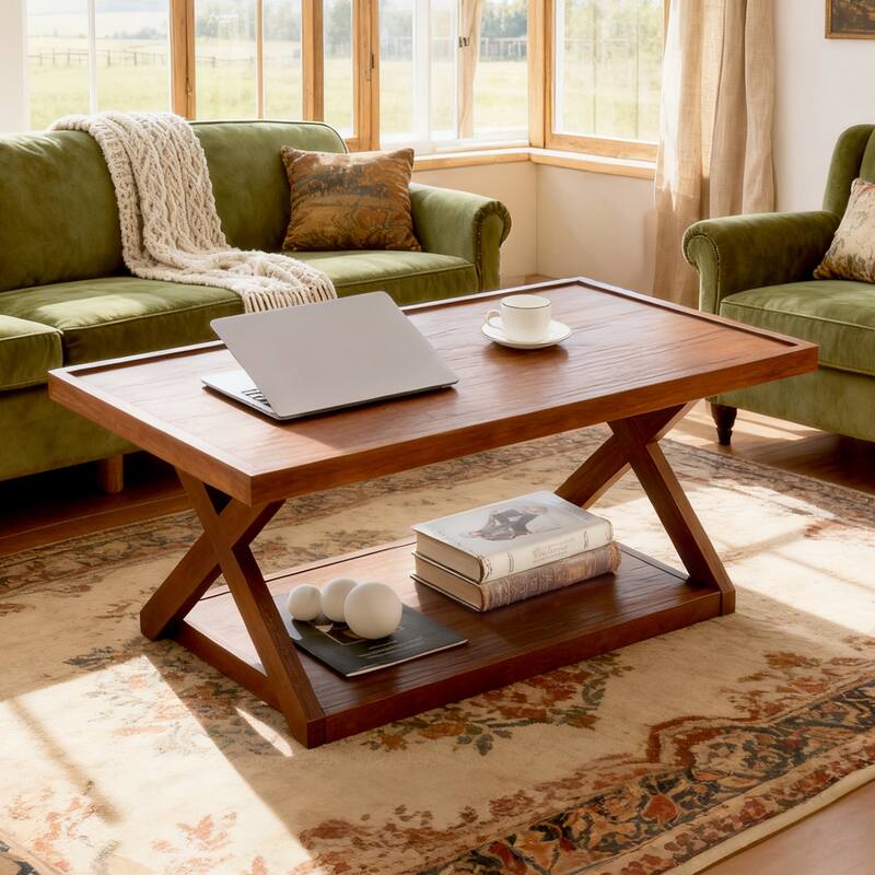 2-Tier Rectangular Solid Oak Wood Coffee Table with Cross Legs - 40.23"L x 21.17"W x 16.54"H