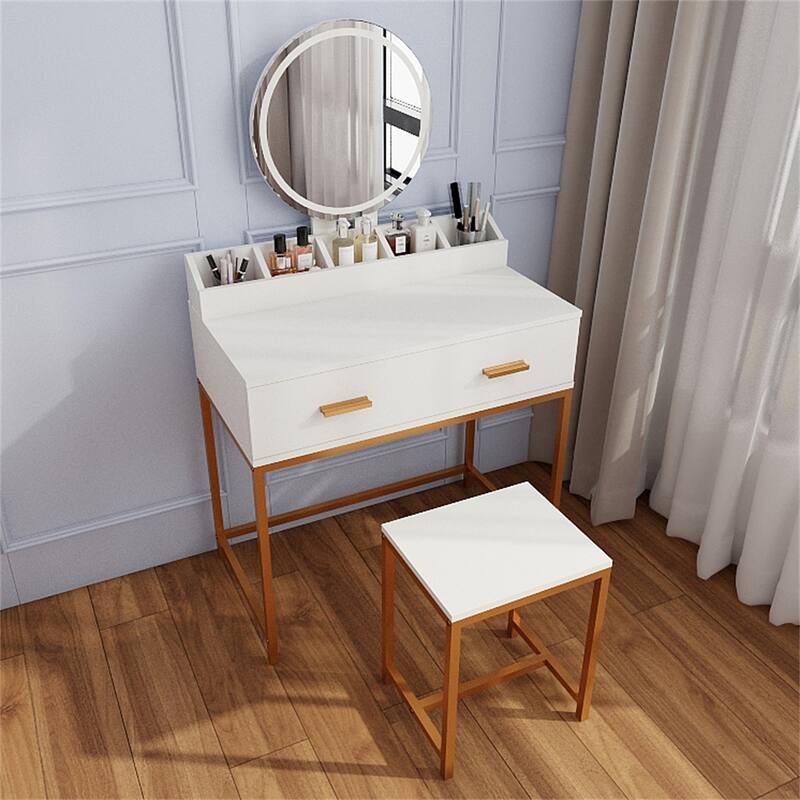 31.5" Wood Makeup Vanity Table with Mirror,Stool and Drawers