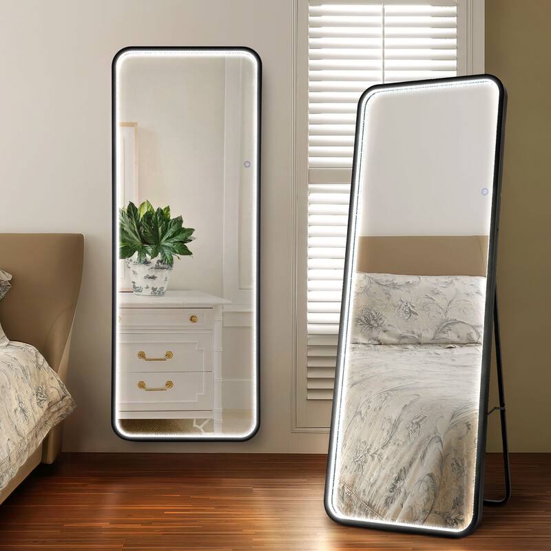 JONATHAN Y Tatum Large Crystal Lining Rectangle Antifog Wall Or Floor Full-Length Mirror & Smart Touch - - Black