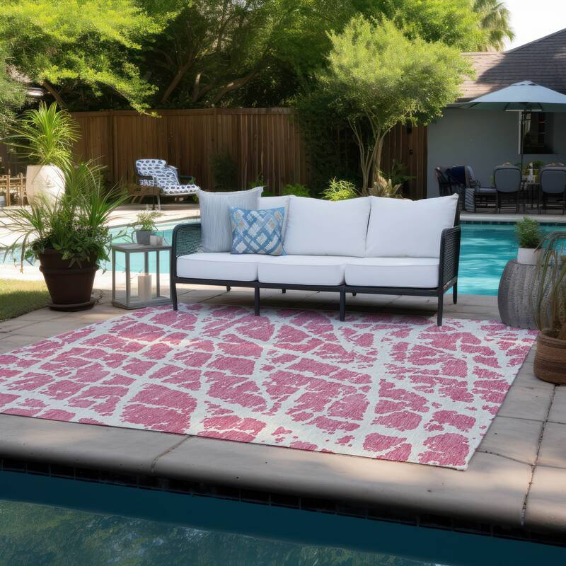 Machine Washable Indoor/ Outdoor Transitional Pink Crackle Chantille Rug - Pink - 10' x 14'