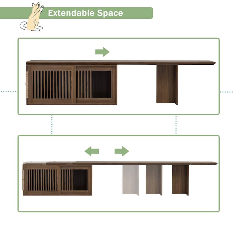 2 in 1 Cat TV Stand Entertainment Center with Extendable Table, Litter Box Enclosure with Cat Scratcher