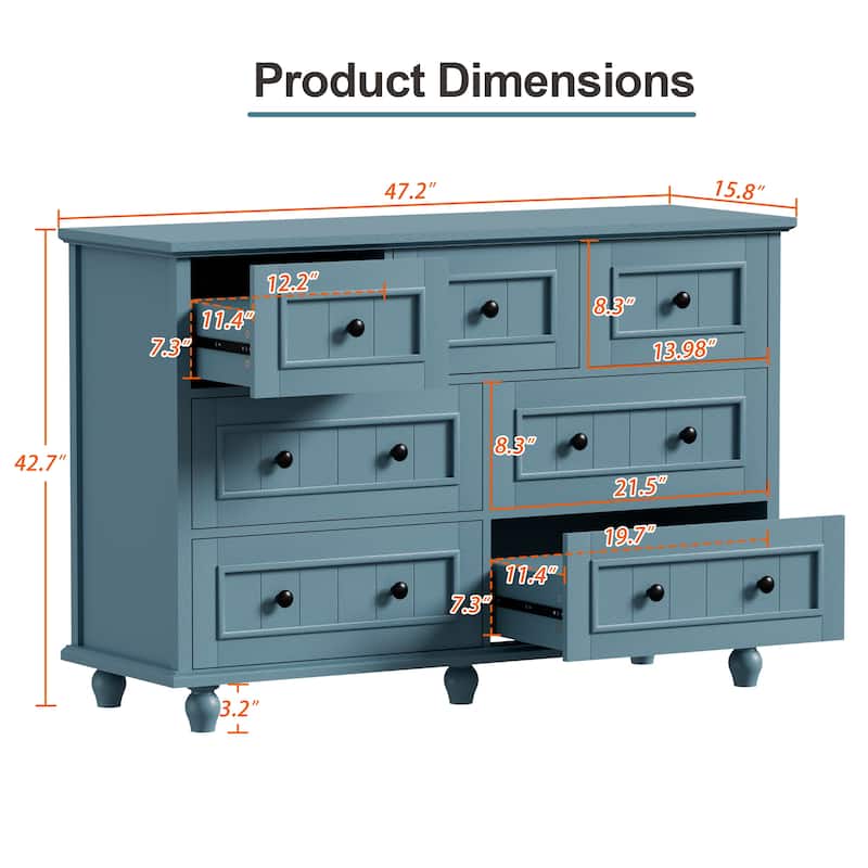 47"W Retro 7-Drawer Dresser Farmhouse Wood Dressers Chest of Drawers