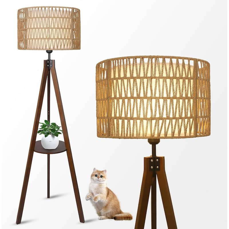 Boho Tripod Floor Lamp with Shelves, Wood Standing Lamp with Rattan & Fabric Shades, ON/Off Foot Switch,Tall Floor Lamps - Brown