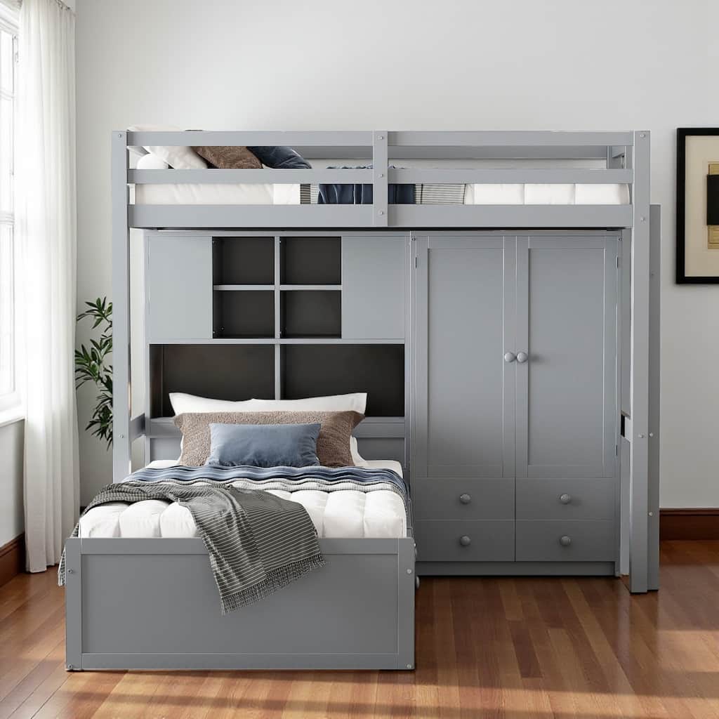 HomeRoots Gray Twin Over Twin Wood Bunk Bed With Drawers And Storage