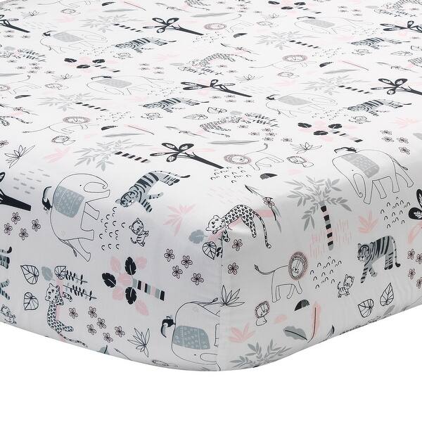 slide 2 of 5, Lambs & Ivy Happy Jungle 100% Cotton Safari Animals Fitted Crib Sheet - White