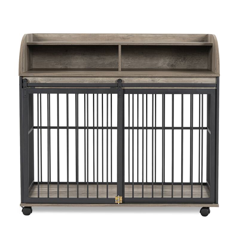 Duty Large Dog Crate Furniture with Sliding Door and Lockable Wheels, End Table Crate with Double Layer Storage