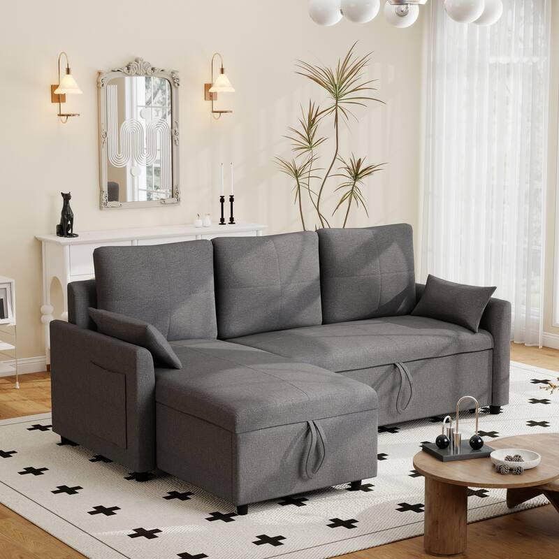 L-Shaped Reversible Sectional Sleeper Sofa with Storage Chaise & Pull-Out Bed