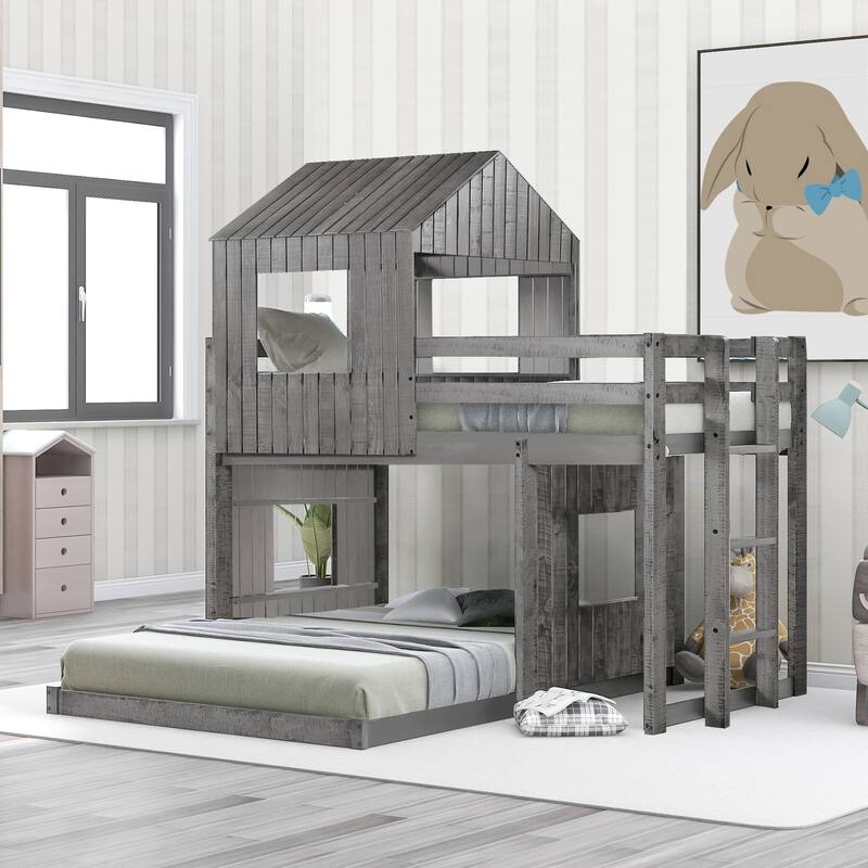 Play House Loft Bed with Floor Bed, Wooden Twin Over Full Bunk Bed with Roof, Windows, Ladder and Safety Guardrails - Antique Grey - Full