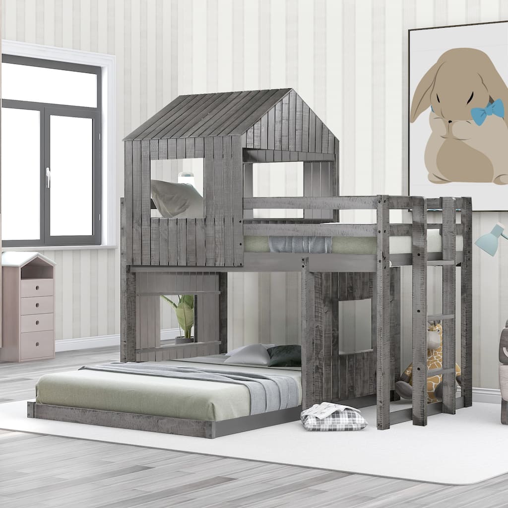 Twin Over Full Bunk Bed with Playhouse, Farmhouse Design, Ladder and Guardrails, Antique Gray