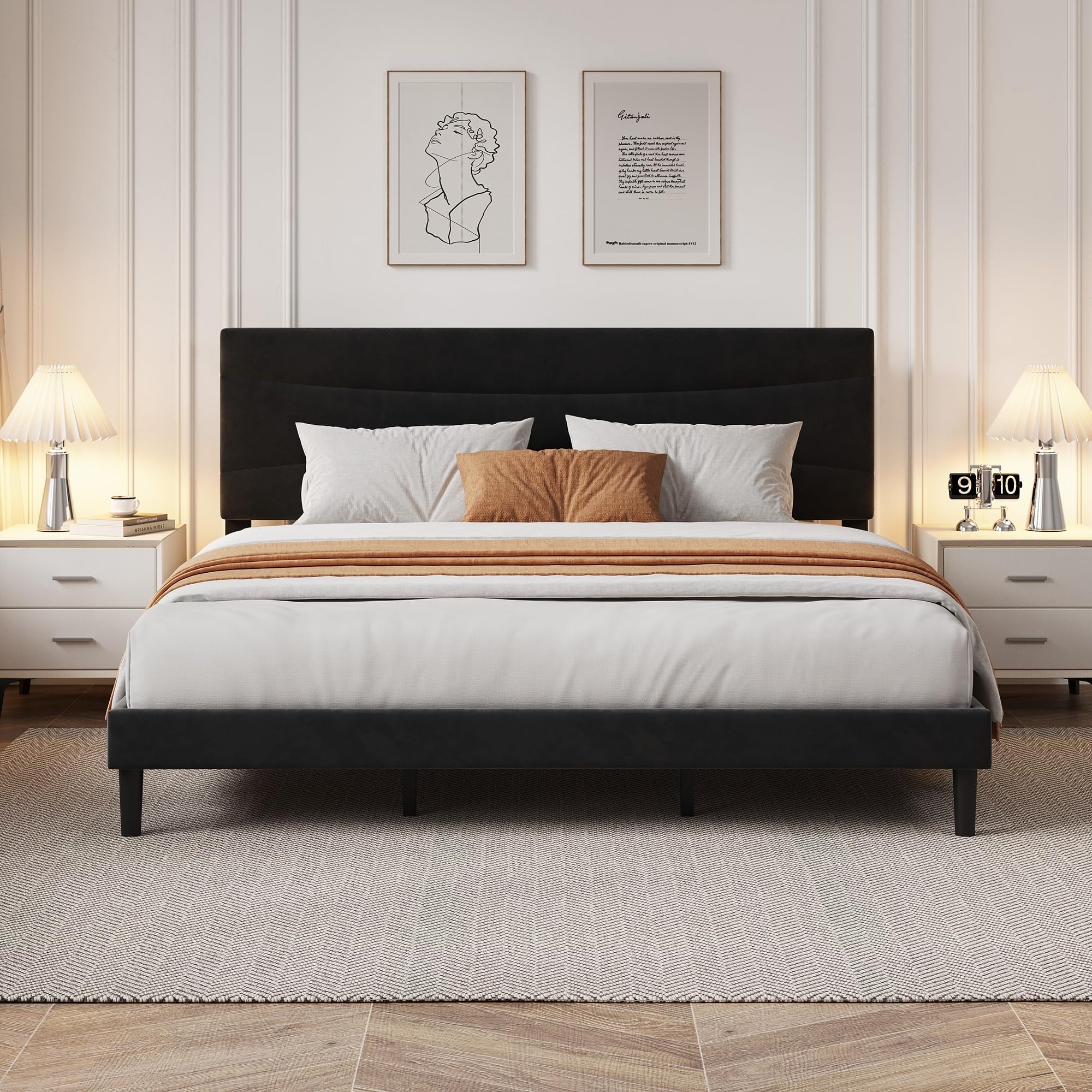 Modern Upholstered Bed Frame, Soft Padded Headboard, Sturdy Metal Steel Slat Support