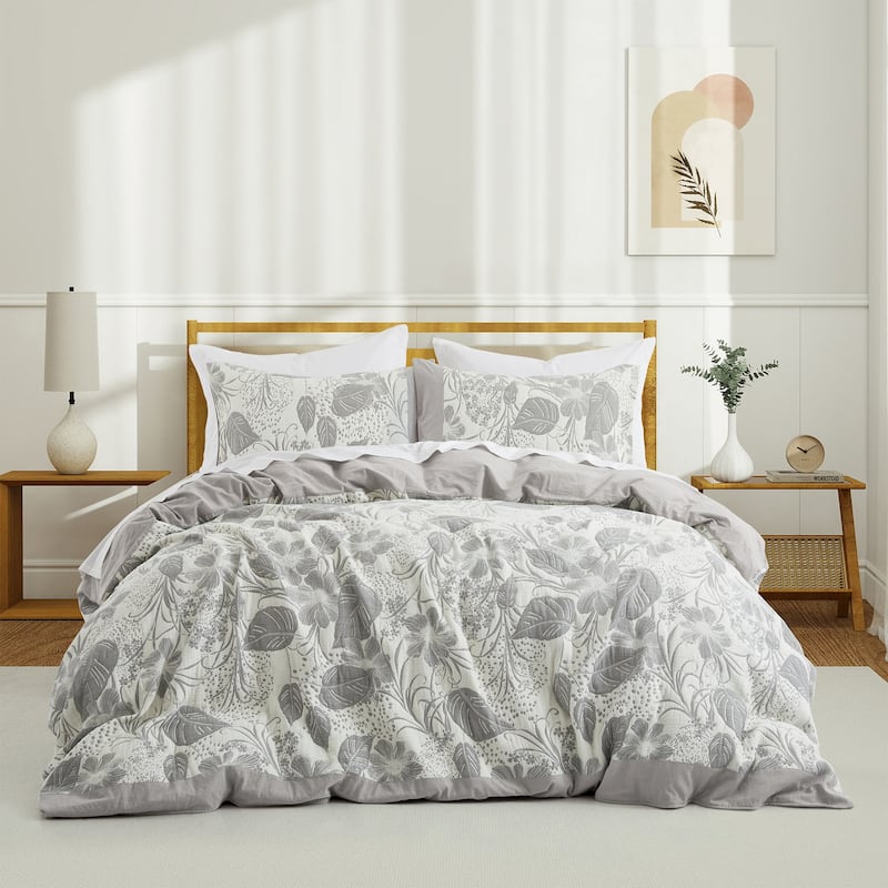 100% Cotton Gauze Double-Layer Floral Jacquard Duvet Cover Set - Floral Pattern Grey - Queen