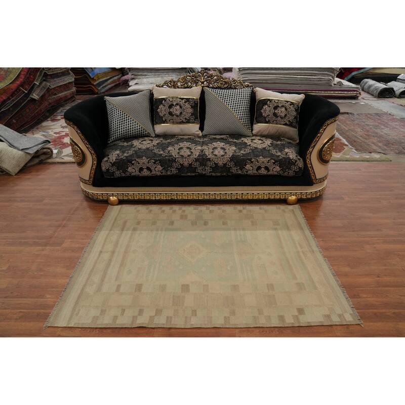 Hand Woven Oriental 100% Wool Carpet Southwestern Tribal Green Kilim Area Rug - 5' 9'' X 4' 2''