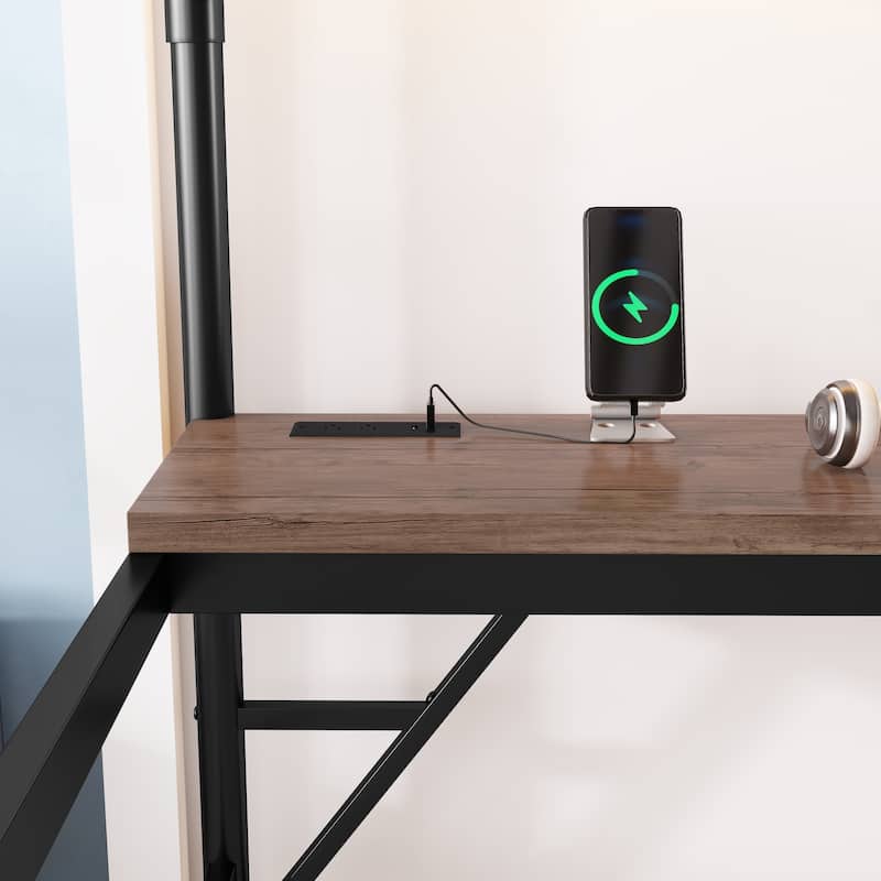 Full Size Metal Loft Bed with Desk, LED Light, and Charge Station, Black