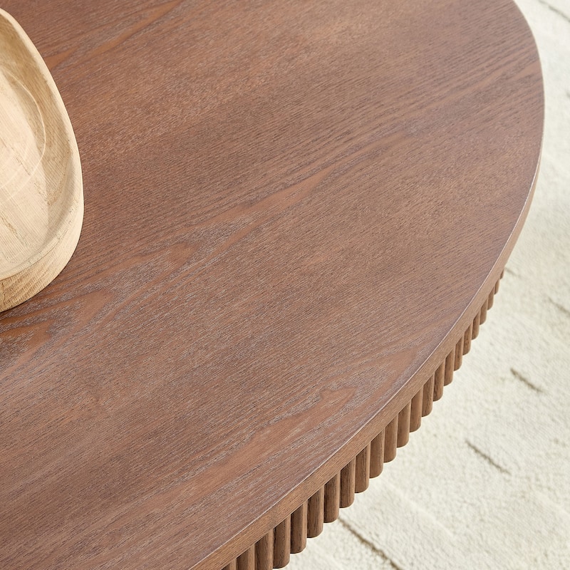 Ellipse Drum Accent Table Modern Oval Handcraft Coffee Table with Fluted Design and Sturdy Pedestal for Living Room
