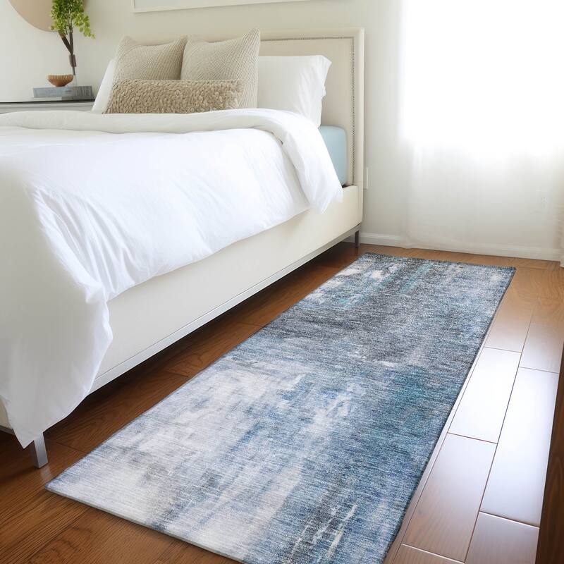 Machine Washable Indoor/ Outdoor Abstract Watercolor Chantille Rug - Blue - 2'3" x 7'6"