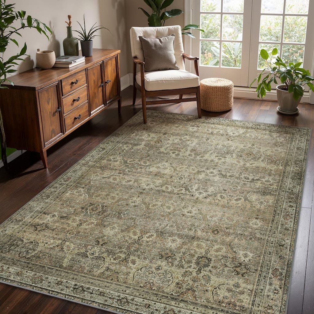 Mcow Vintage Floral Low-Pile Machine Washable Non-Slip Area Rug