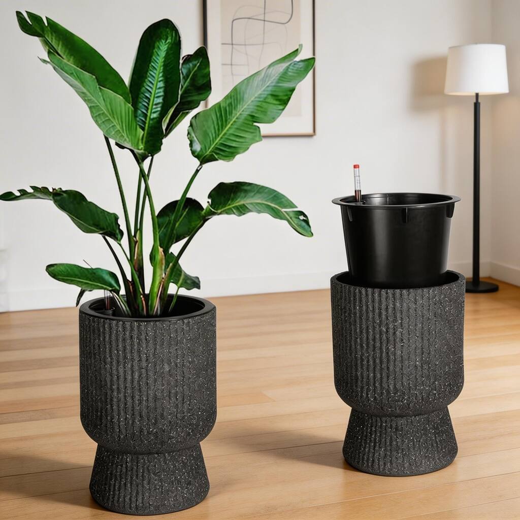 Set of 2 Classic 14.2-in Tall Self-Watering Planters with Water Level Monitor for Indoor and Outdoor Use Marble Black