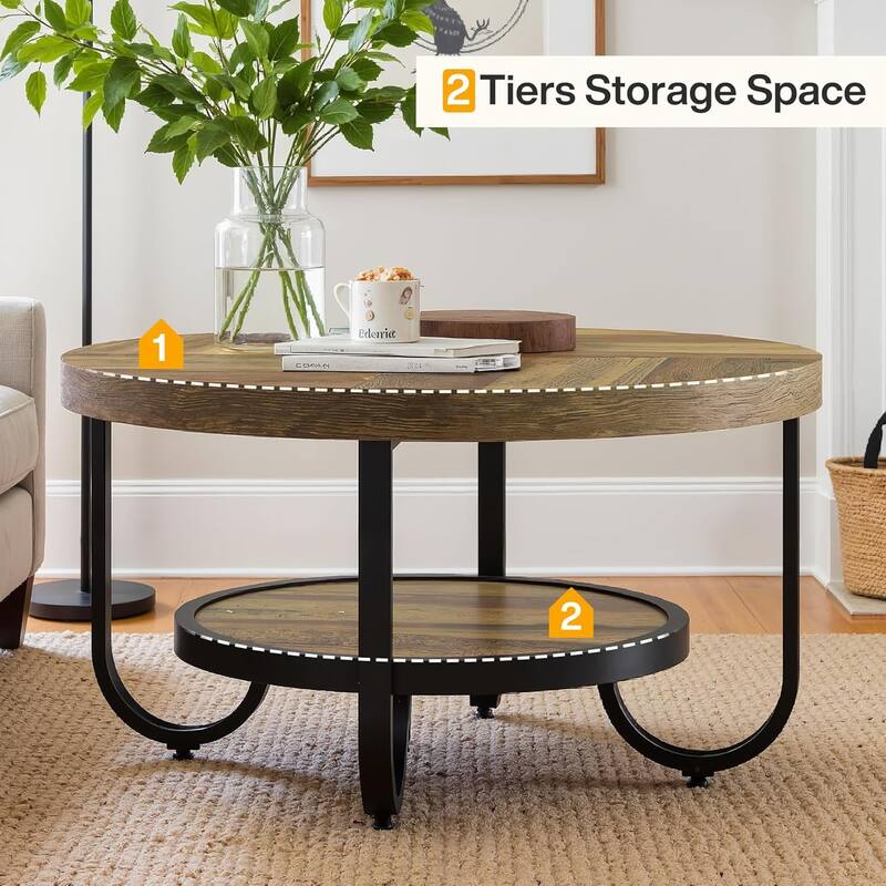 31.1" Brown MDF Industrial Coffee Table, 2-Tier Round Cocktail Tea Table with Metal Legs for Living Room, Receptionist Room