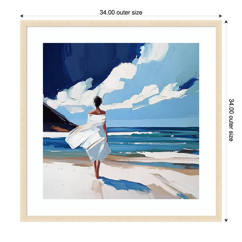 Woman Walking On the Beach by Elena Avanesova Wood Framed Wall Art Print - 34 x 34 in - Brown