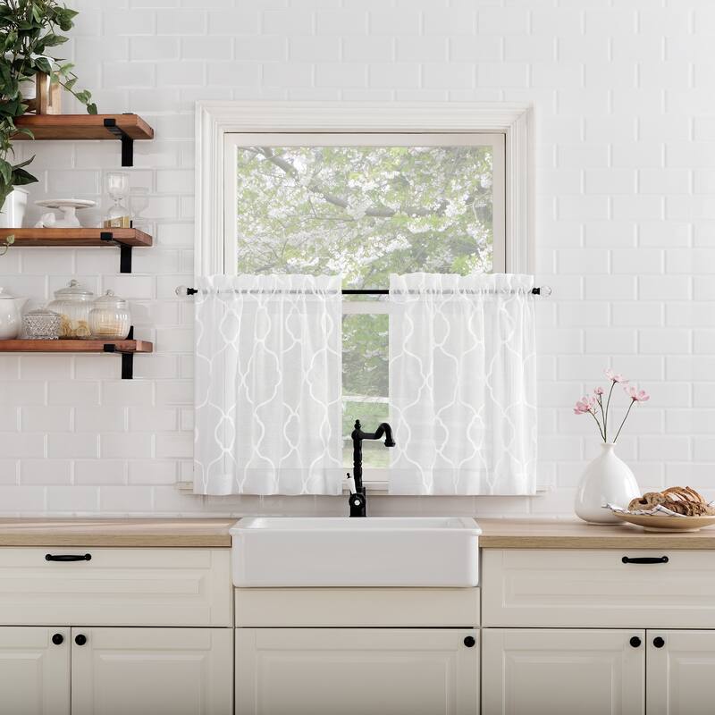 No. 918 Allerton Embroidered Trellis Light Filtering Rod Pocket Kitchen Curtain Valance and Tiers Set