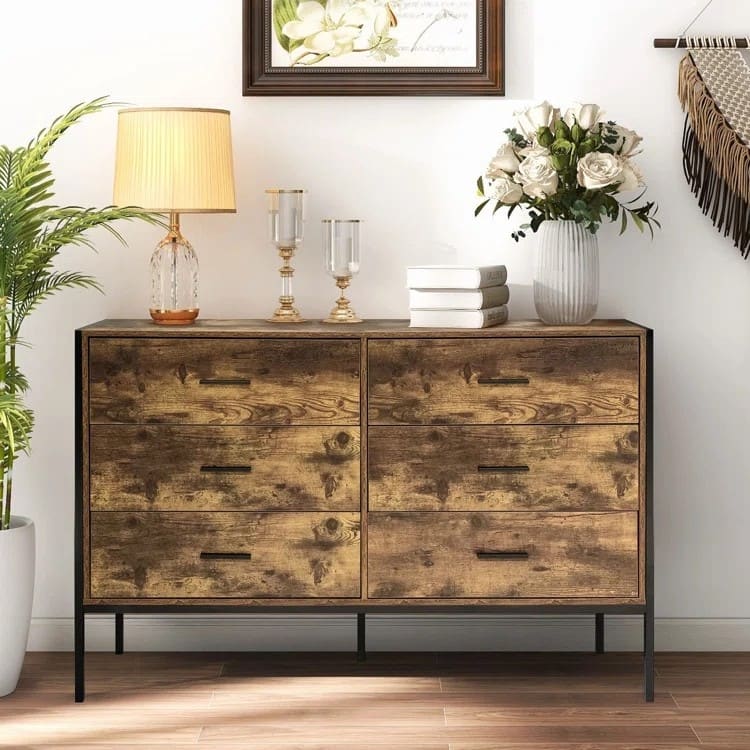 Industrial Style 6 Drawer Dresser,Rustic Wood Dresser with Steel Frame - Brown - 6-drawer