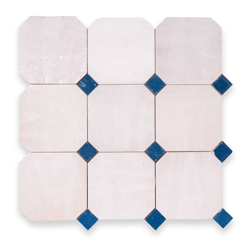 Contemporary Zellige Panels, 12" X 12" X 1/2", White -Moroccan blue Accents - Samplepiece