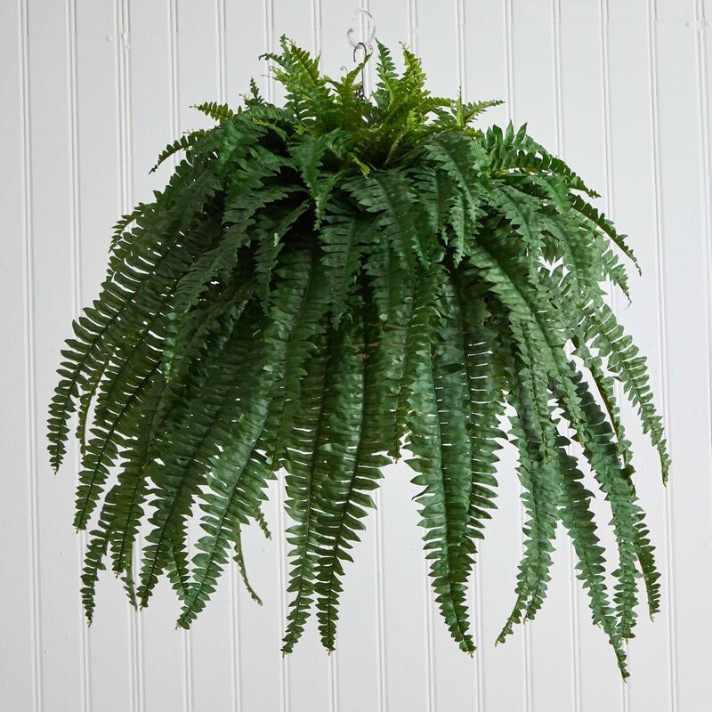 Artificial Hanging Fern Plant Indoor - 39" Tall Metal Bowl Planter - Realistic Fake Tree Decor - Green
