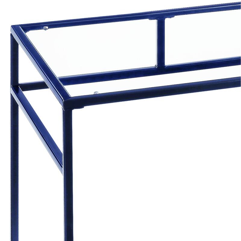 Contemporary Writing Desk with 5mm Glass Surface, Metal Sled Base, and Open Storage Shelf for Organized Workspace