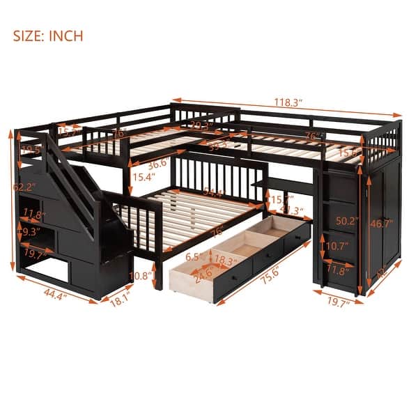 dimension image slide 2 of 3, Twin-Twin over Full L-Shaped Bunk Bed with 3 Drawers, Portable Desk, Wardrobe, Guardrails & Solid Pine Frame, Grey