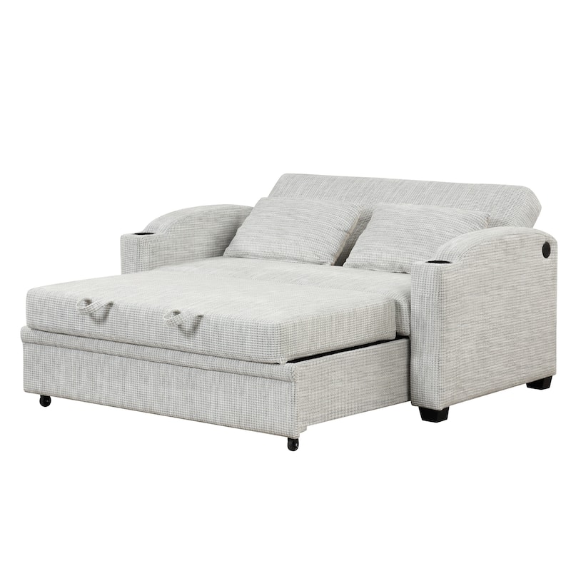 61.6" Pull Out Sofa Bed with Adjustable Backrest, 2 Pillows, Cup Holders & USB Ports, White Gray, Chenille