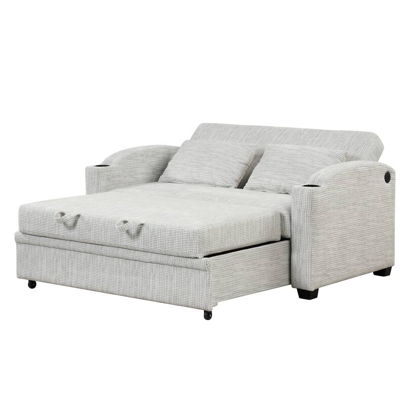 Pull Out Sofa Bed Modern Chenille Convertible Loveseat Sofa With Adjsutable Backrest, 2 Pillows, Cup Holders, Usb Ports