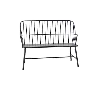Metal Grill Style High Back Frame Outdoor Bench with Trestle Legs and Armrests - Black - Roche River Decor - 19"Wx48"Lx38"H