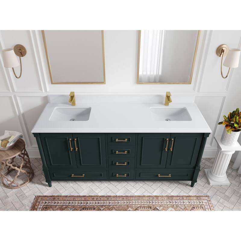Willow Collections 72 in. W x 22 in. D Aberdeen Double Sink Bathroom Vanity with Countertops - 1.5" White Quartz - Dark Forest Green