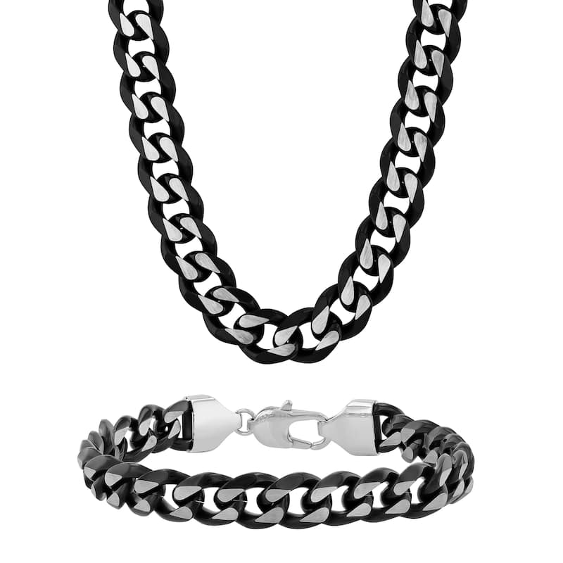 Steel Nation Stainless Steel Black Finish Beveled Curb Bracelet and Chain Set