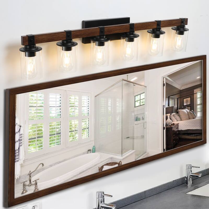 42" Rustic 6-Light Vanity Light, Industrial Bathroom Wall Sconce with Glass Shades and Wood Accent (No Bulbs) - Walnut