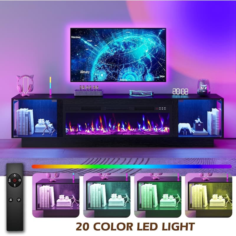 BOSSIN 80" Fireplace TV Stand with Adjustable LED Lights, Modern Entertainment Center with Glass Door Storage Cabinet, Black