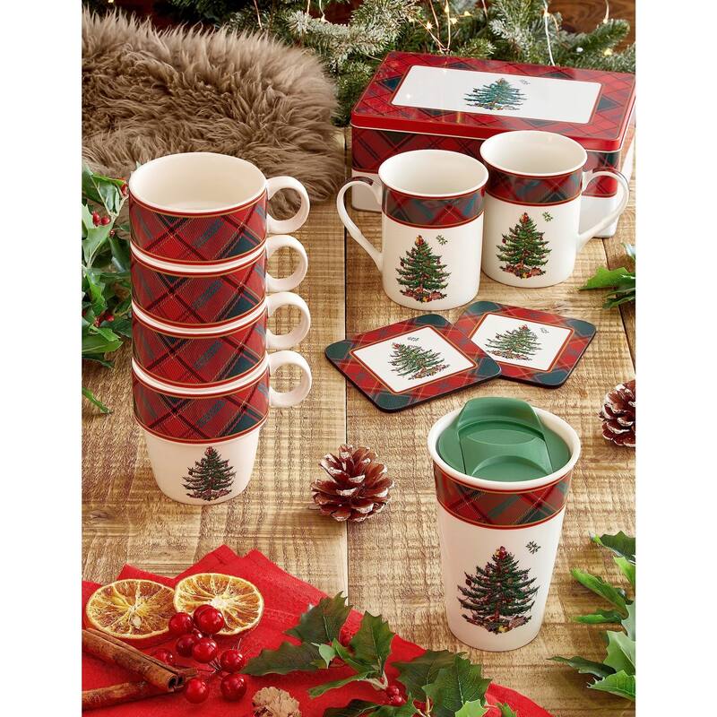 Spode Set of 4 Christmas Tree Tartan Stackable Mugs