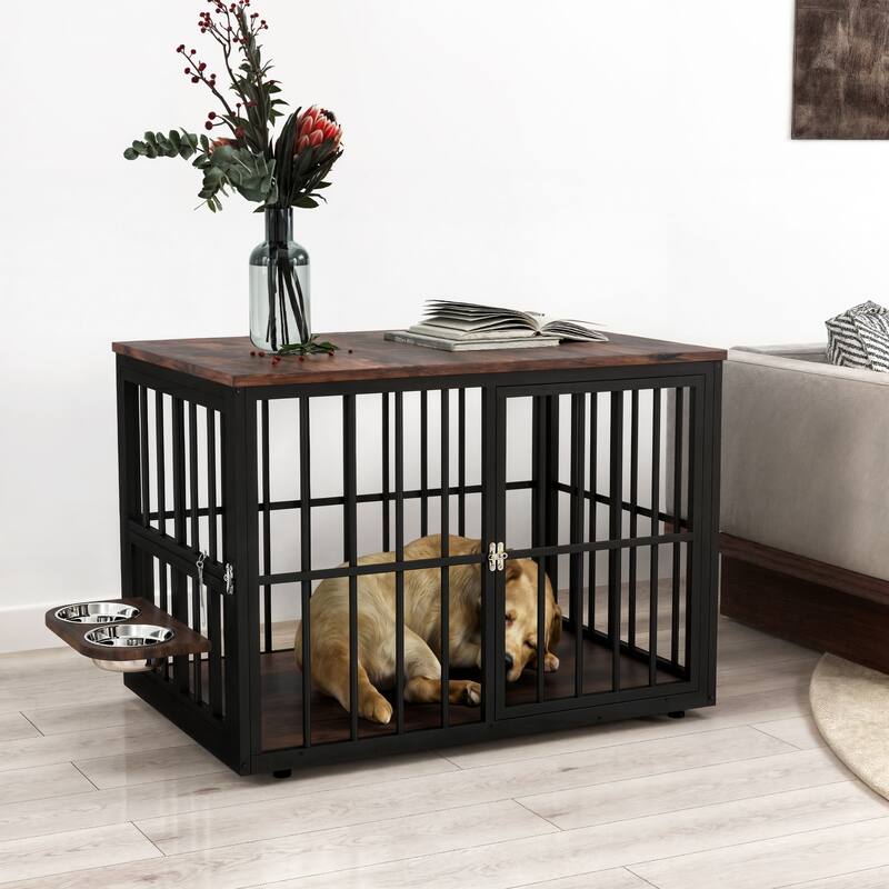 Double Dog Crate Furniture, TV Stand with Removable Divider and Feeding Bowls