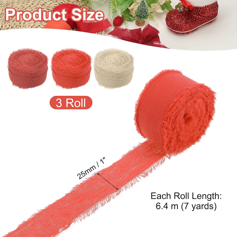 3Roll Cotton Handmade Fringe Ribbon 1"x21Yd Frayed Fringe Ribbons - 7Yd - Rust Red/Orange/Nude