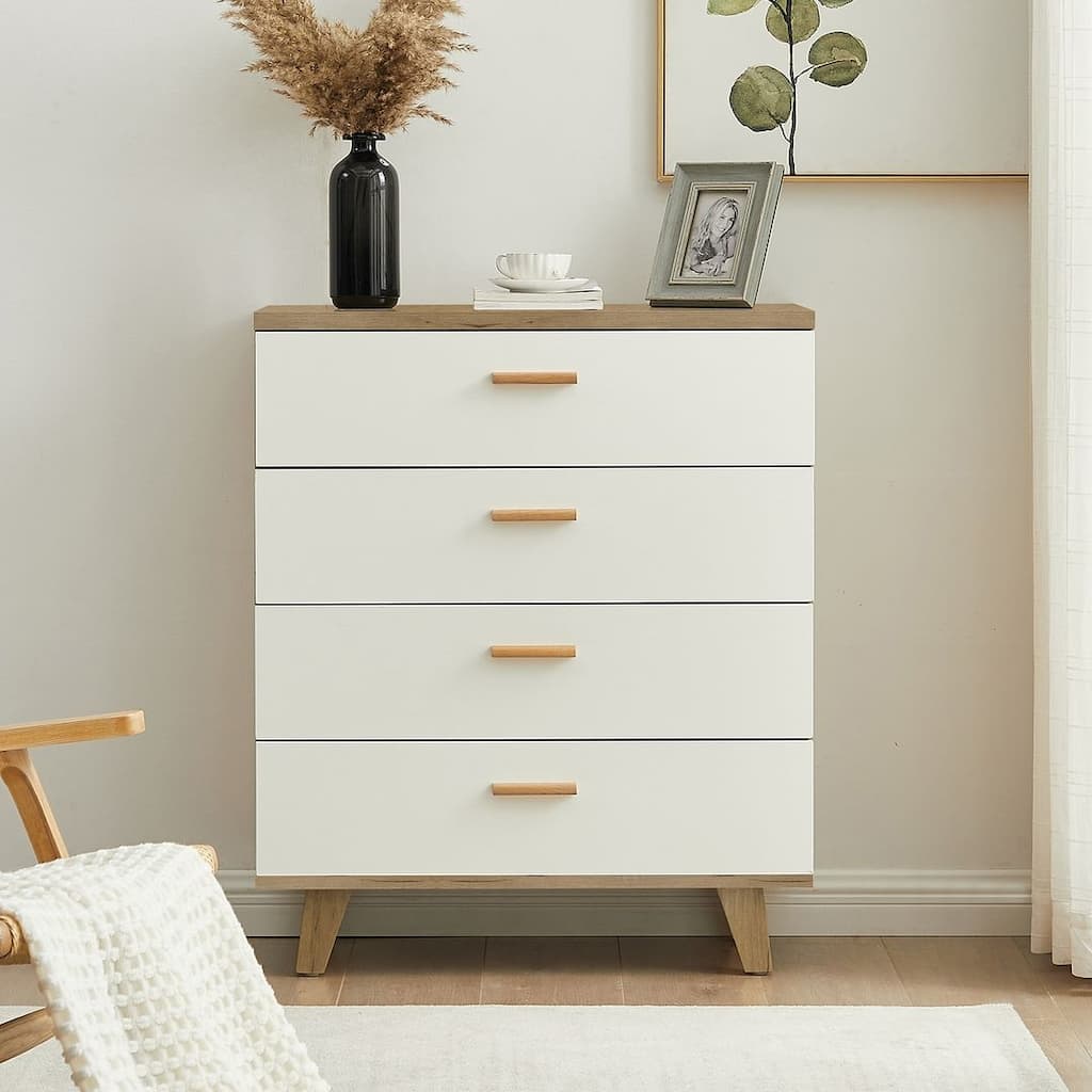 Modern White Dresser Chest of Drawers with Solid Wood Handle