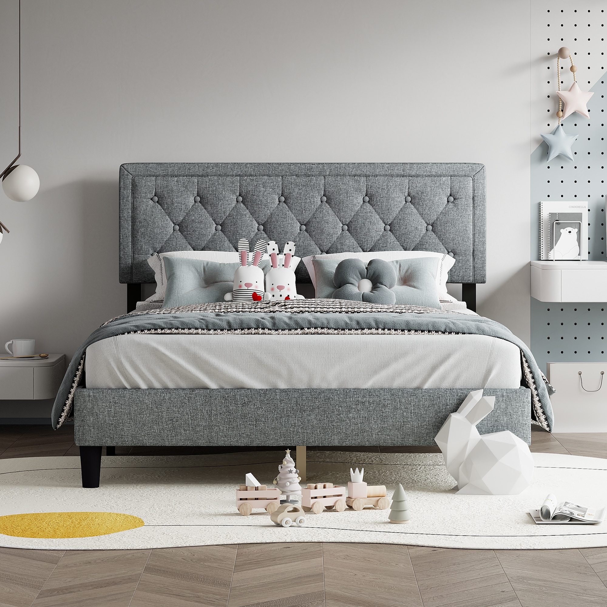 LIGHT GREY Queen Size Linen Panel Bed with Adjustable Button Tufted Headboard Bed Bath Beyond 39911417