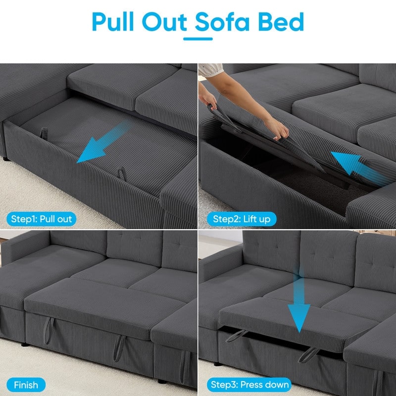 W103" Corduroy 4-Seater Modular Sleeper Sofa Bed with Storage Chaise,U-shaped Sofa with Pull-out Bed