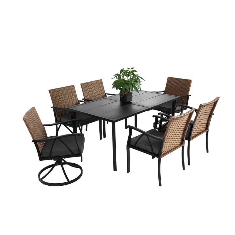 7-Piece Outdoor Patio Steel Dining Set with 59" Rectangular Table, 2 Swivel Rocker & 4 Armchairs, and Rattan Backrest