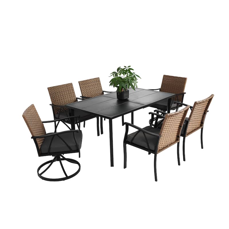 7 Piece Patio Dining Set, Outdoor Wicker Furniture Set with 2 Cushions Swivel Rocker Chairs, 4 Cushions chairs and Table