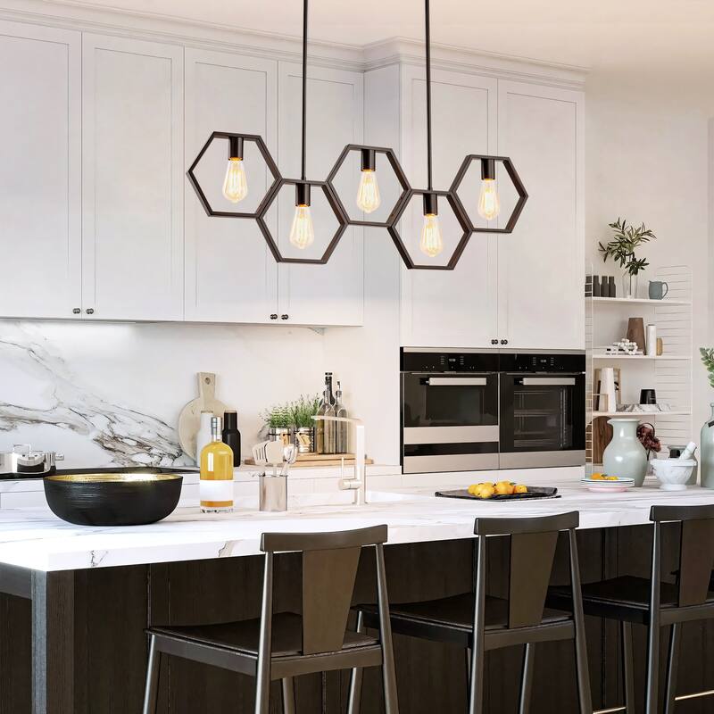 5-Light Mid-Century Modern Matte Black Geometric Pendant Island Lighting - 38.5 in. W x 72 in. H