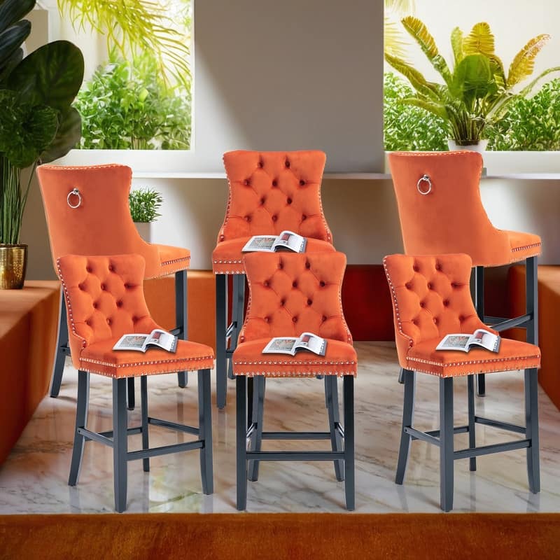 Contemporary Upholstered Velvet Barstools with Button Tufted Set of 6