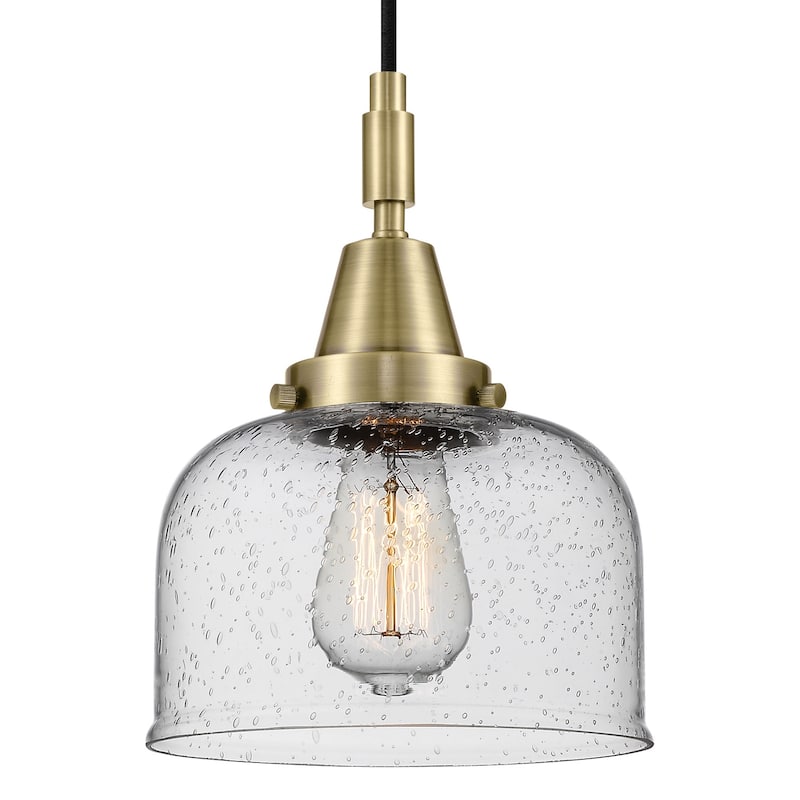 Innovations Lighting 447-1P-G74 Bell 8" Wide Mini Pendant with Clear, - Antique Brass