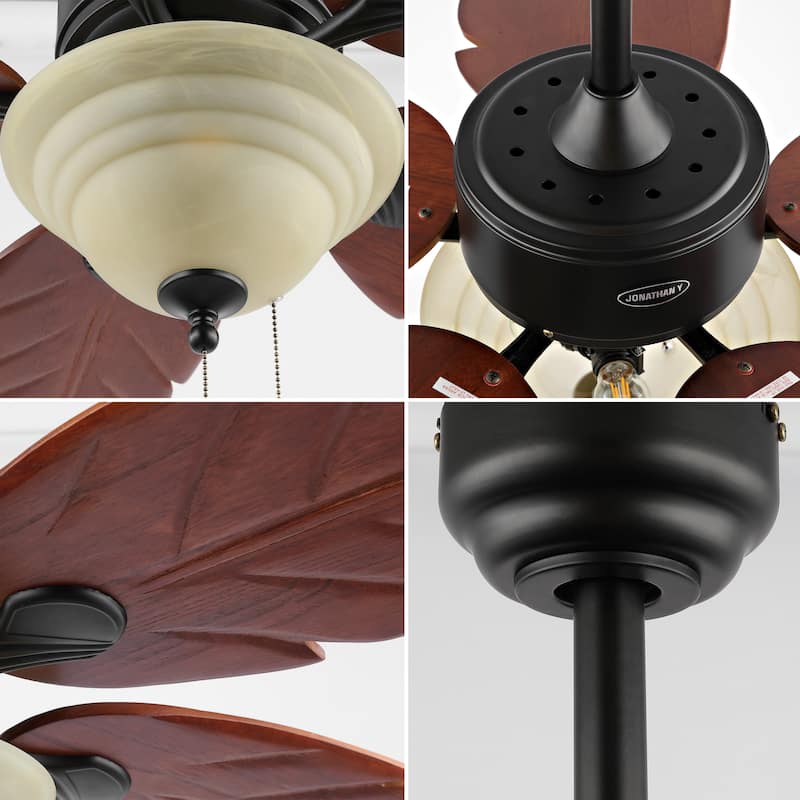 Owen 52" 3-Light Coastal Bohemian Iron/Wood Palm Leaf LED Ceiling Fan with Pull Chain, by JONATHAN Y